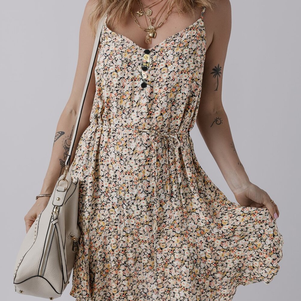 B279 Khaki Boho Floral Print Tie Waist Flared Suspender Mini Dress